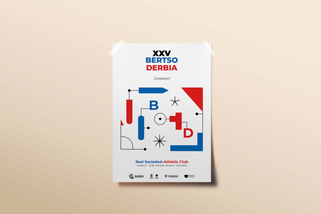 Fotografía a color de la propuesta de cartel para el Bertso derbia, en la parte de arriba aparece el nombre del evento y el slogan, en el centro están los elementos gráficos utilizados y en la parte inferior aparece más información sobre el evento