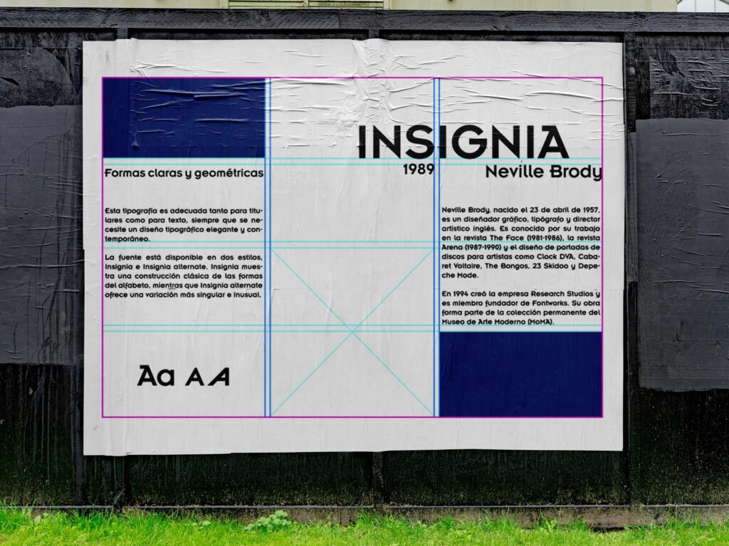 Fotografía a color de un cartel sobre la tipografía Insignia en un mural