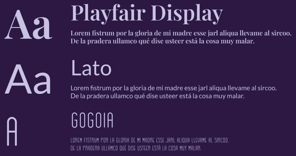 Muestras de las tipografías utilizadas en la marca profesional, entre estas están la Gogoia, Lato y Playfair Display