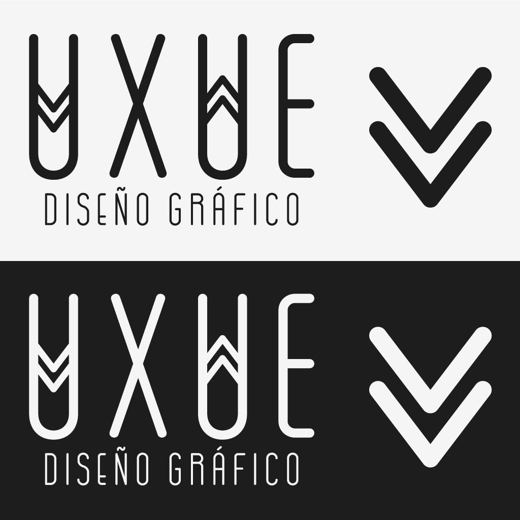 Ilustración de la marca profesional de Uxue García, en esta está su nombre y el tagline de Diseño gráfico y el isologo que acompaña la marca en positivo y negativo